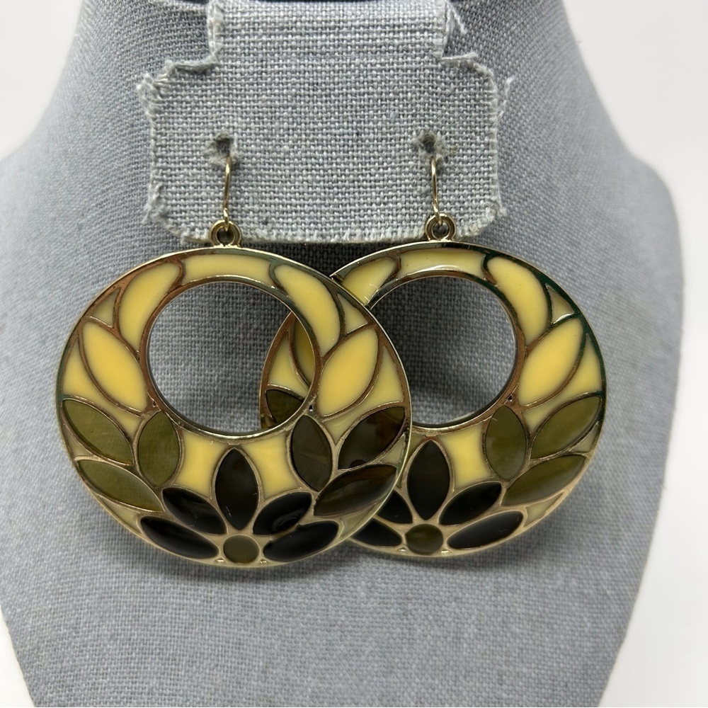 Large Groovy Black, Yellow and Brown Lotus Flower Dangle Hoop Earrings